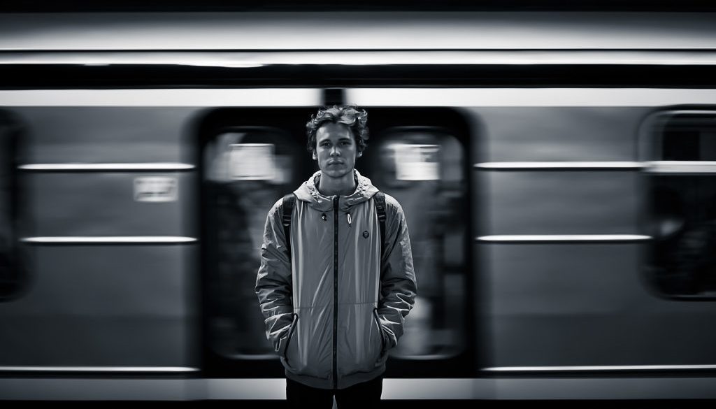 Homem jovem em estação do metrô